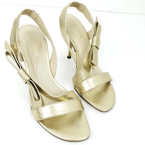 Kate Spade Gold Bow Heels Slingback Heels 7M Open Toe, Metallic, Formal, Wedding - Picture 2 of 11